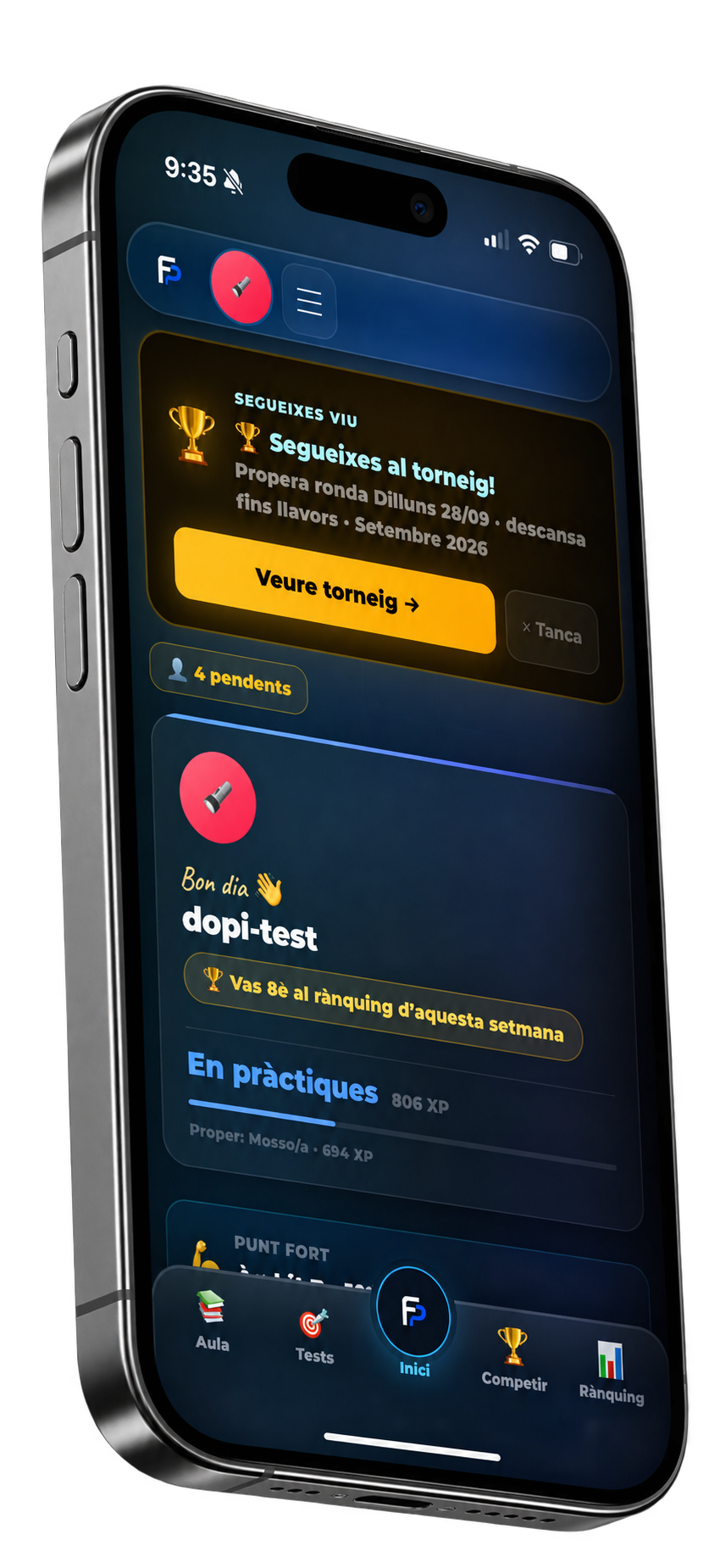 Dashboard de Futurs Policies al mòbil, amb el torneig i el progrés del dia